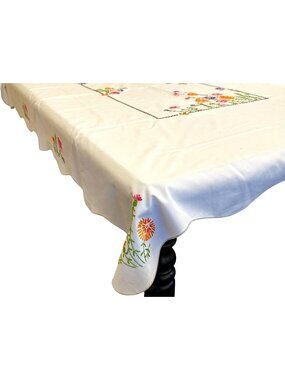 Vintage Hand Embroidered Linen Tablecloth Floral Cottagecore Scalloped 62 x 49